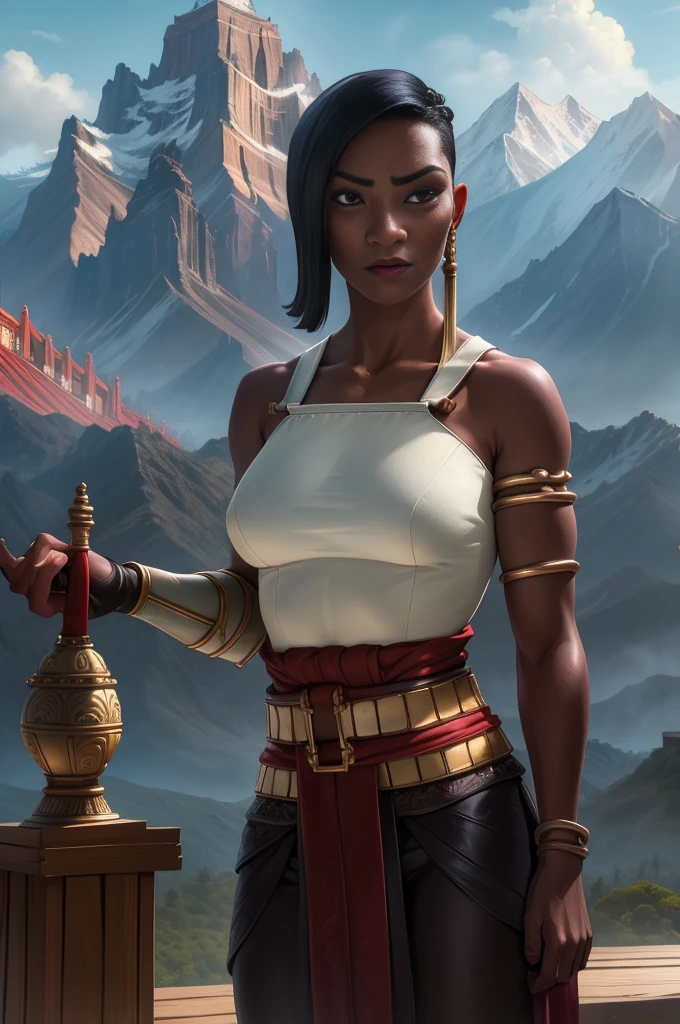 Namaari,black hair,brown eyes,
tassle,armlet,bare shoulders,gloves,white top,belt,collarbone,midriff,
cleavage,standing,leaning forward,serious,from below,
asian temple,mountains,clouds,
(insanely detailed, beautiful detailed face, masterpiece, best quality) cinematic lighting,