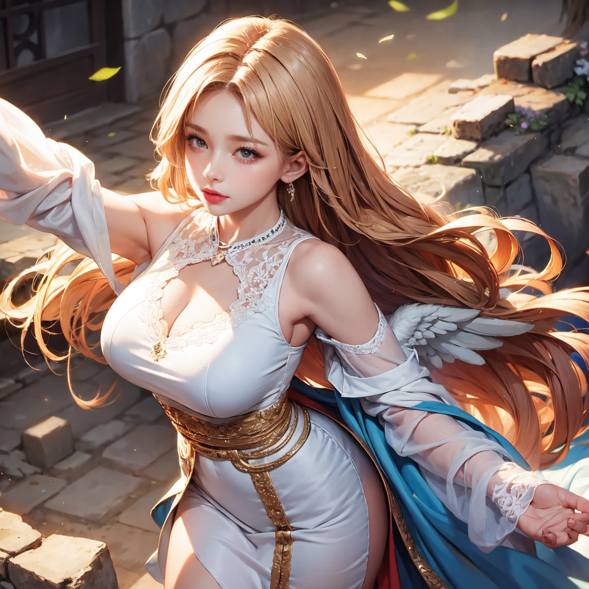 ((Masterpiece, Top Quality, High Resolution, Perfect Pixels, 8k)), Western Temple background, one girl, Westerner, idol, cowboy shot, ((very long hair, blonde)), huge angel wings on her back, pure white Greek mythology clothes, singing, ((brown eyes brown eyes, beautiful eyelashes, realistic eyes))), ((detailed face, blush: 1.2))), ((smooth texture: 0.75, realistic texture: 0.65, dynamic angles, perfect body, shot from above