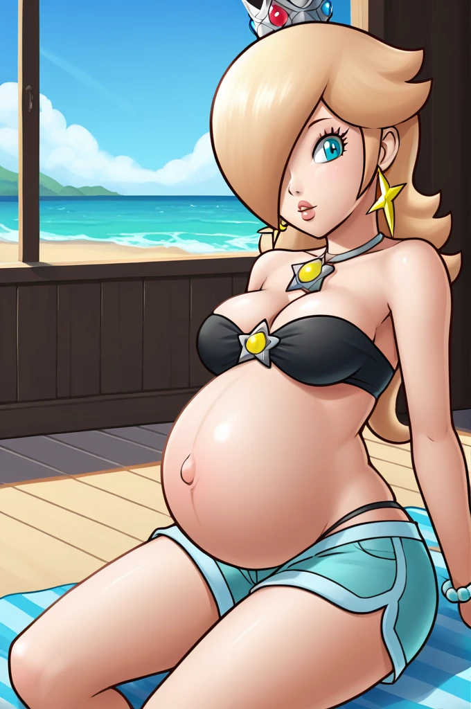 score_9, score_8_up, 1girl, solo, rosalina, style parody, thick outlines, black bikini, shorts, pregnant belly, sleeveless, strapless, cleavage, indoors, beach, black nails, complete body, perfect