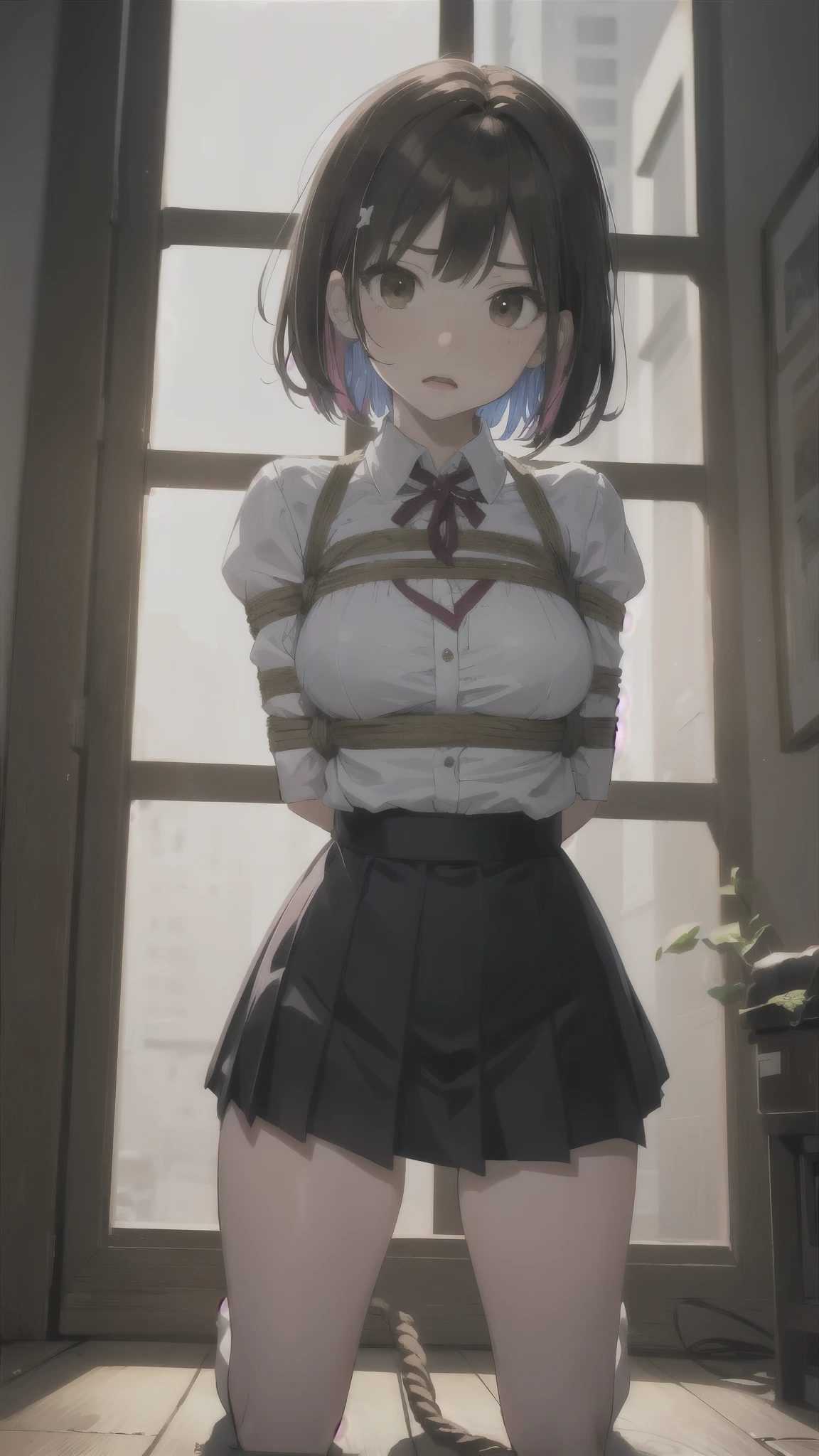 (Arms tied, Put your arms behind your back, rope, Tied legs:1.2), squat,  High resolution, Highest quality, figure, Super detailed, (Detailed face), (Detailed eyes), Soft lighting, Highest quality, Super detailed, masterpiece, View your viewers, anger, Open your mouth, One girl, alone, short hair, Brown Hair, , skirt, (colorful), Hut, window, night,