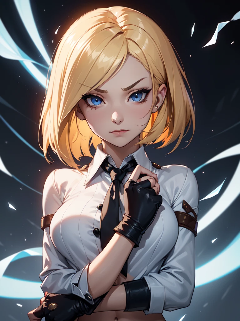 (((Portrait Photo))), She has the Appearance of a Relentless and Assertive Woman, with a Strong, Muscular Build that Exudes Strength and Confidence. Her Short, Blonde Hair Frames Her Face in a Stylish Bob, Paired with Long, Thin Locks Falling Down Her Back, Adding to Her Modern and Dynamic Look. Her Sharp Blue Eyes Reflect a Fiery Spirit and Unwavering Determination. Her Expression is Confident and Fierce, with a Slight Smirk that Reflects Her Indomitable Will and Proud Attitude. (((Portrait Photo))), (((Dark Background))), (((White Tie-Front Long Sleeve Button-Up Top))), (((Thin Strands Falling Out))), (((Reveals the Stomach))), (((Reinforced Fingerless Red Combat Gloves)))