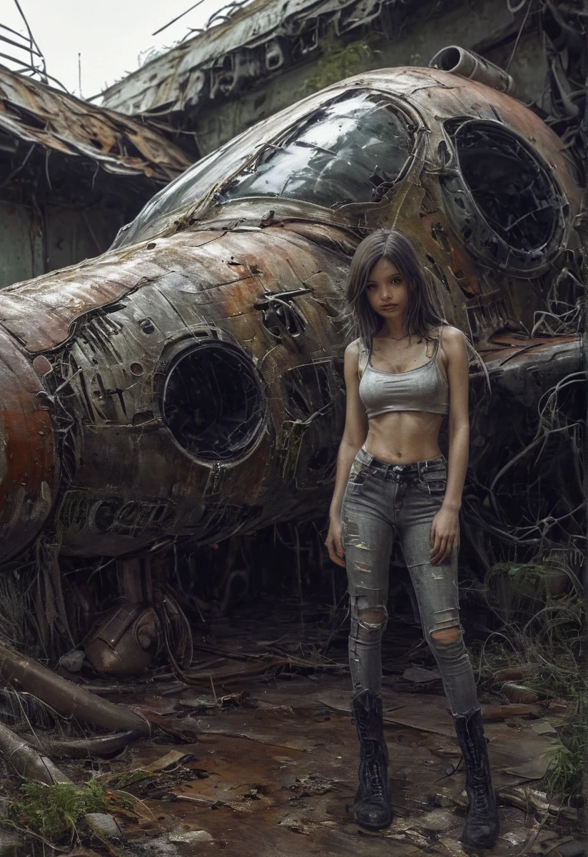 winter, dark, dusk, A GIRL FRONT OF an abandoned old rusty fighter jet, an overgrown , frame weathered and worn, detailed  