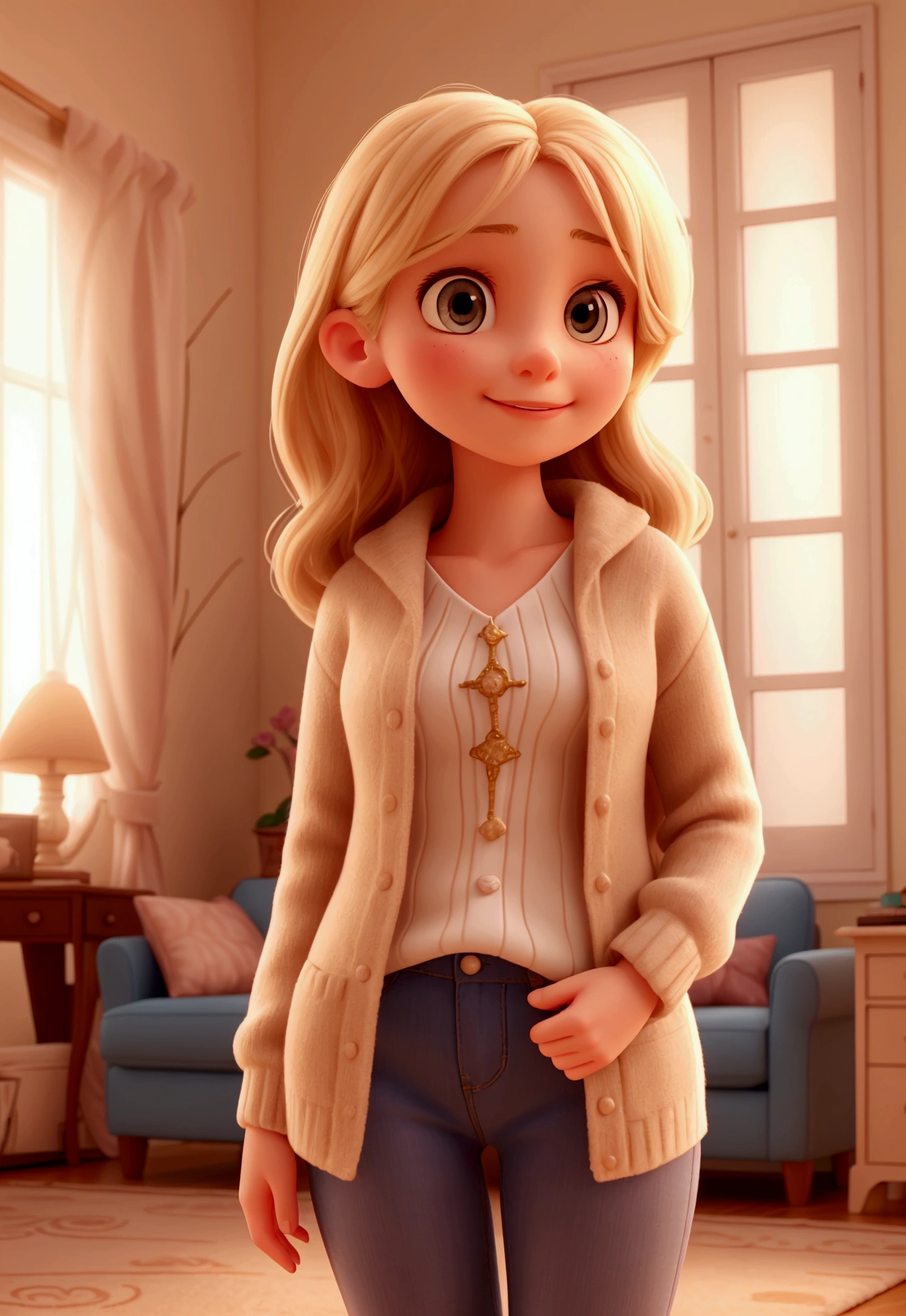 young lady,Living room ,Warm and soft light, Happy, cozy, Casual, intimate