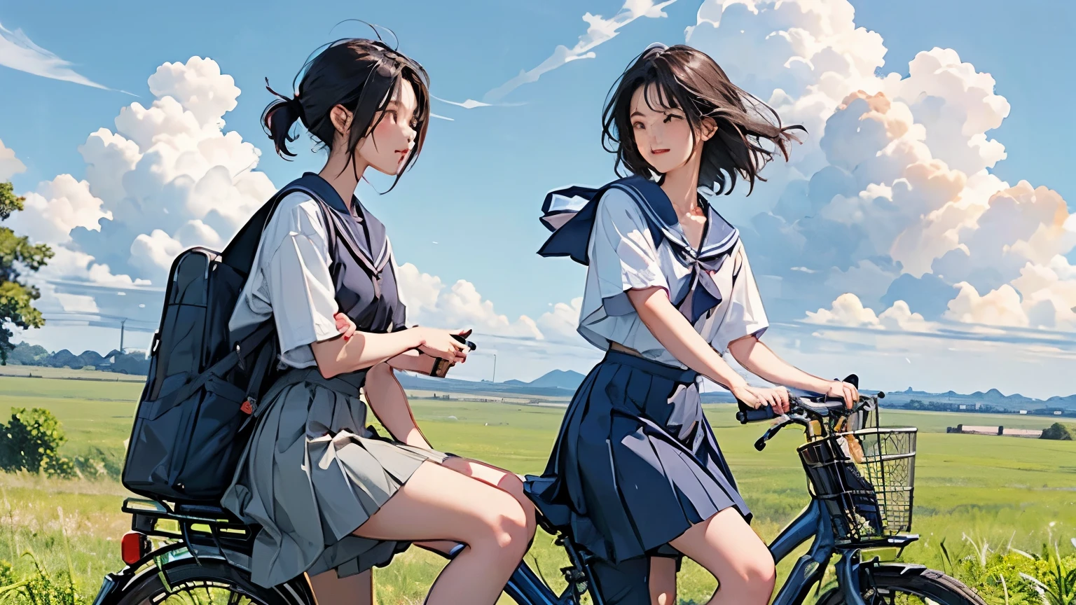 Two girls and two bicycles、(Two girls on bicycles riding side by side:1.2)、Beautiful 17 year old Japan woman、Hair color is black、black eye、Medium Hair、short hair、Straight hair、smile、slender but well-proportioned body,、They both wear the same uniform、Sailor suit、Short sleeve、White pleated skirt、Short skirt、Wear loafers、School Bags、summer、countryside、Long concrete road、A little overgrown grass、electric wire、Beautiful blue sky and white cumulonimbus clouds、Beautiful sea、Birds are flying、Highest quality、detailed、
