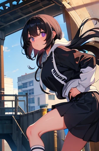 Under the dimly lit bridge Under the viaduct Elementary school girl 8-year-old Large Breasts Black Hair Long Hair The eyes are purple ((1 person)) Black hoodie with hood on the upper body White mini skirt((White panties)) Black socks sneakers Are standing Fluttering Hair Dynamic Angle Low angle from the front