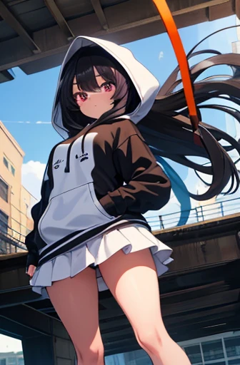 Under the dimly lit bridge　Under the viaduct　-year-old　Large Breasts　B Hairng Hair　The eyes are purple　（（1 person））　Black hoodie with hood on the upper body　White mini skirt（（White panties））　Black socks　sneakers　Are standing　Fluttering Hair　Dynamic Angle　Low angle from the front