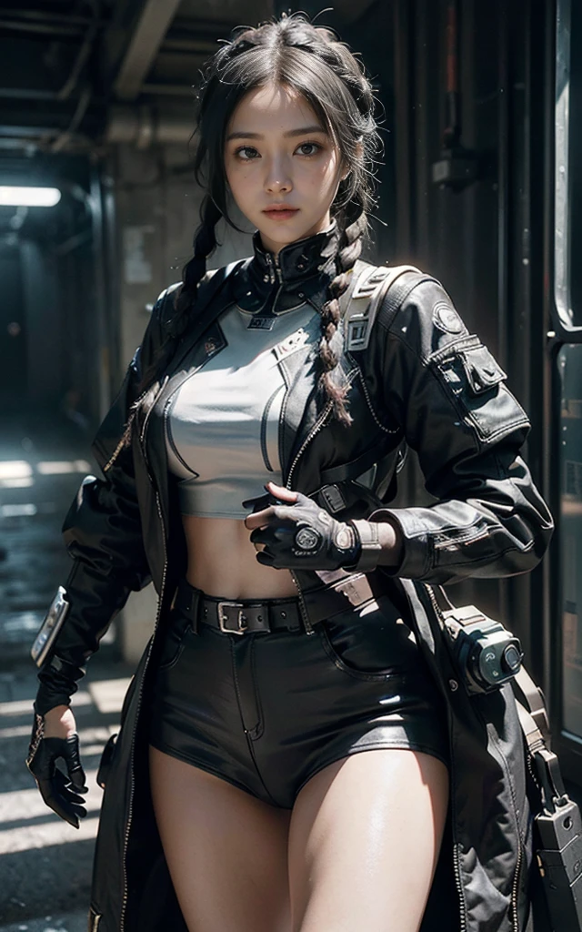 ((best quality)), ((masterpiece)), (detailed:1.4), 3d, Beautiful cyberpunk black woman with braids on her head,HDR (High Dynamic Range),Ray Tracing,nvidia RTX,Super Resolution,Unreal 5,Subsurface scattering,PBR Textures,Post-Processing,Anisotropic filtering,Depth of Field,Maximum clarity and sharpness,Multi-layered textures,Albedo and Specular Maps,Surface Shading,Accurate simulation of the interaction between light and material,Perfect proportion,Octane Rendering,Two-color lighting,Large aperture,Low ISO,White Balance,Rule of Thirds,8K Native, Wearing black and white、Anime style woman holding hand, Businesswoman girl,