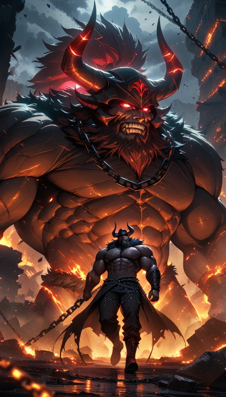 ((best quality)) , ((masterpiece)) , (detailed)，horns, giant, glowing, glowing eyes, beard, male focus, 1boy,  helmet, holding, facial hair, fur trim, teeth, muscular,((full body))，chain ring, chain storm, dark chain,((wholeblack bloomer)), darkside, night, deep dark, darkness, ((dark clouds)),((ruins)),shadow, death garden