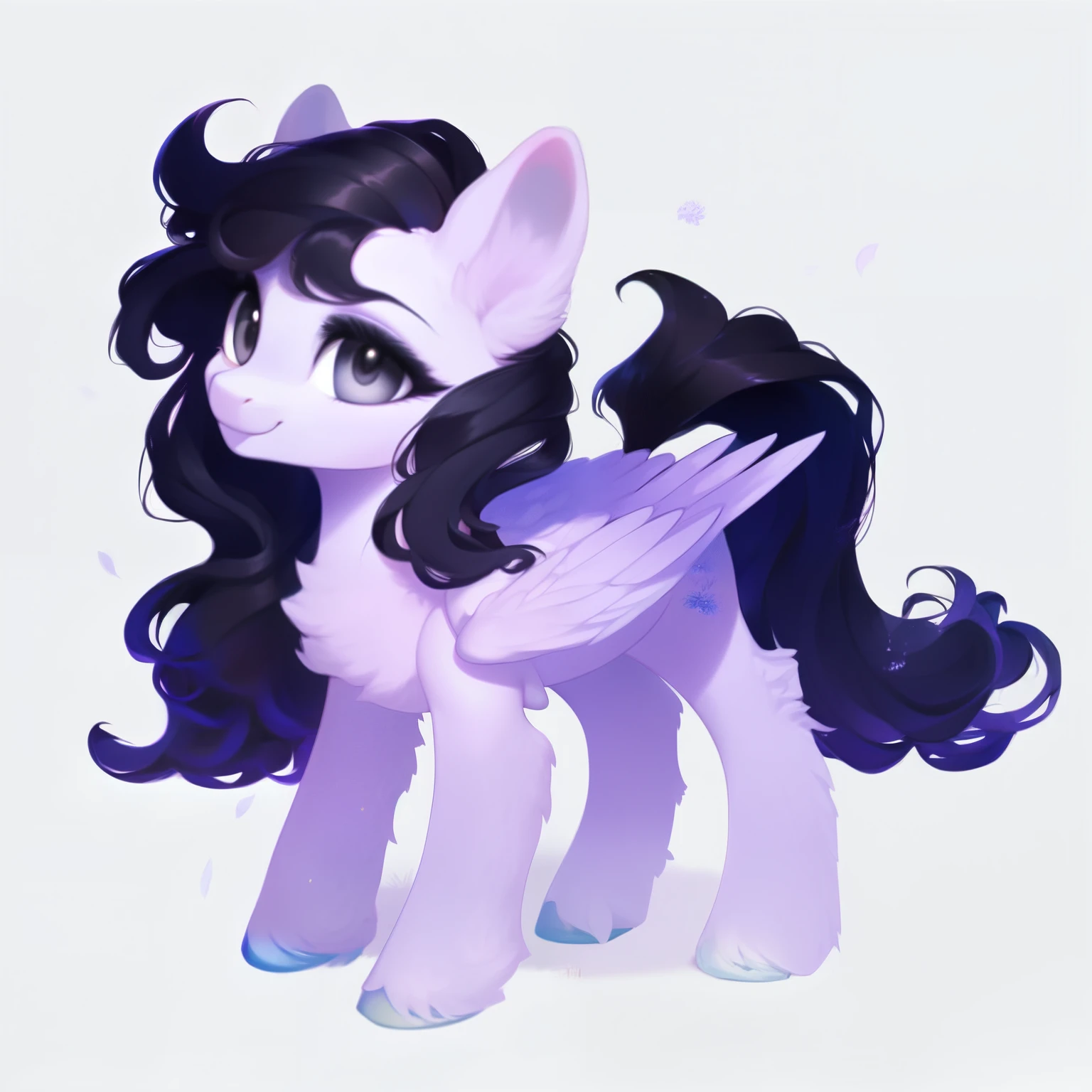 rating_safe, score_9, fluffy, feral pegasus pony, female,round cute face， Lavender purple body, black-purple mane, disheveled hair, soft and delicate long hair, clear grey eyes, grey eyes, smiling. dynamic。young and beautiful。。Standing picture，Ray Tracing。whole body。Standing。White background