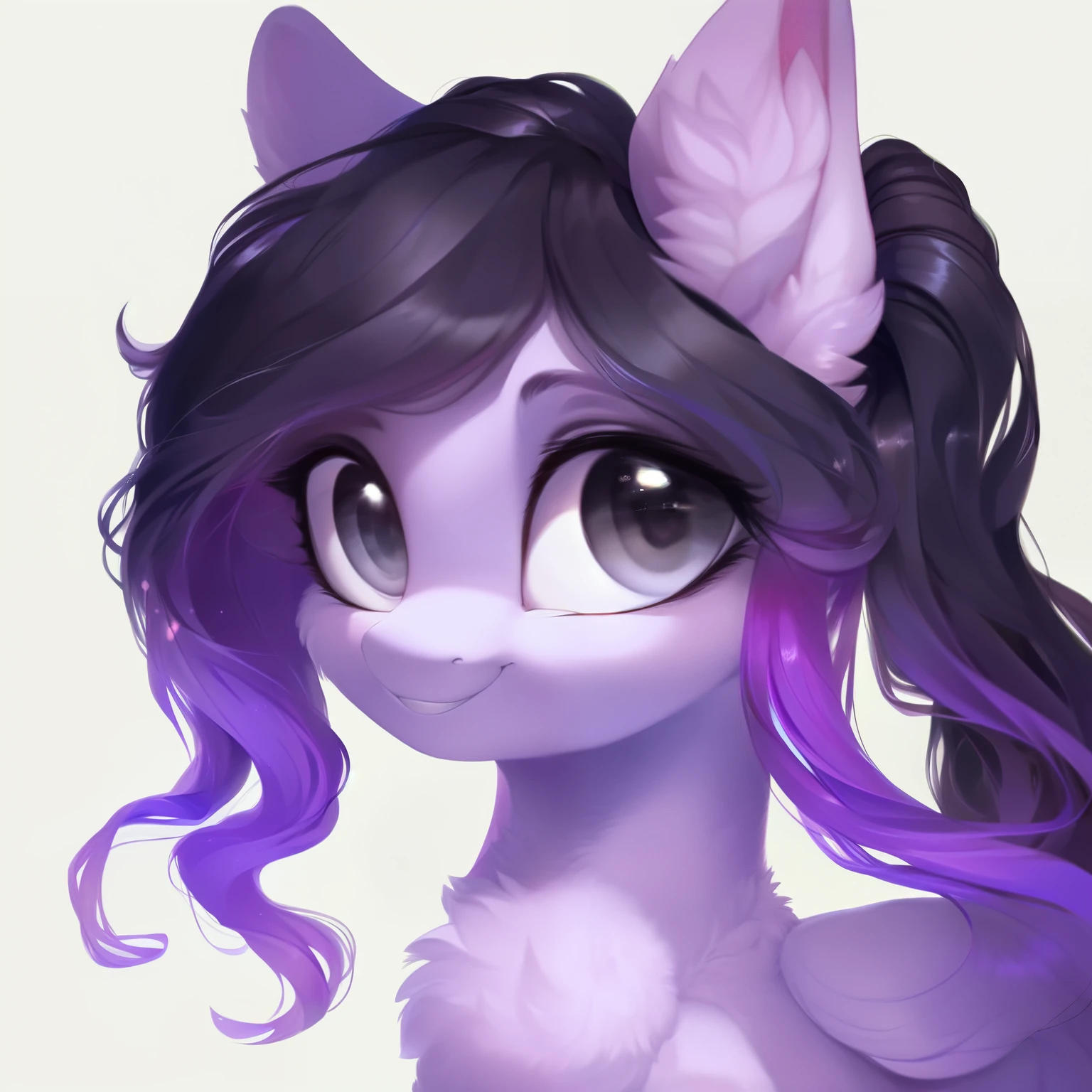 rating_safe, score_9, fluffy, feral pegasus pony, female,round cute face， Lavender purple body, black-purple mane, disheveled hair, soft and delicate long hair, clear grey eyes, grey eyes, smiling. dynamic。young and beautiful。。Standing picture，Ray Tracing。whole body。Standing。White background