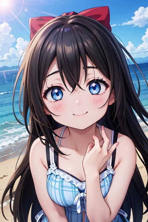 (Highest quality、Masterpiece ∶1.2)One Girl、alone、anime、animeScreencap、Ray Tracing、Global Illumination、ultra hi resolution picture、Bright colors、Cinematic Light、Lens flare、Light on the face、Glowing Eyes、Depth of written boundary、Detailed Background、cute、Straight、smile、View your viewers、Outdoor、Sandy Beach、Ocean、Clear skies、Osaka Sizuku、Long Hair、Red hair ribbon、Blue Eyes、Black Hair、Straight hair、Nijigasaki Gakuen、Light blue bikini、Throw kiss