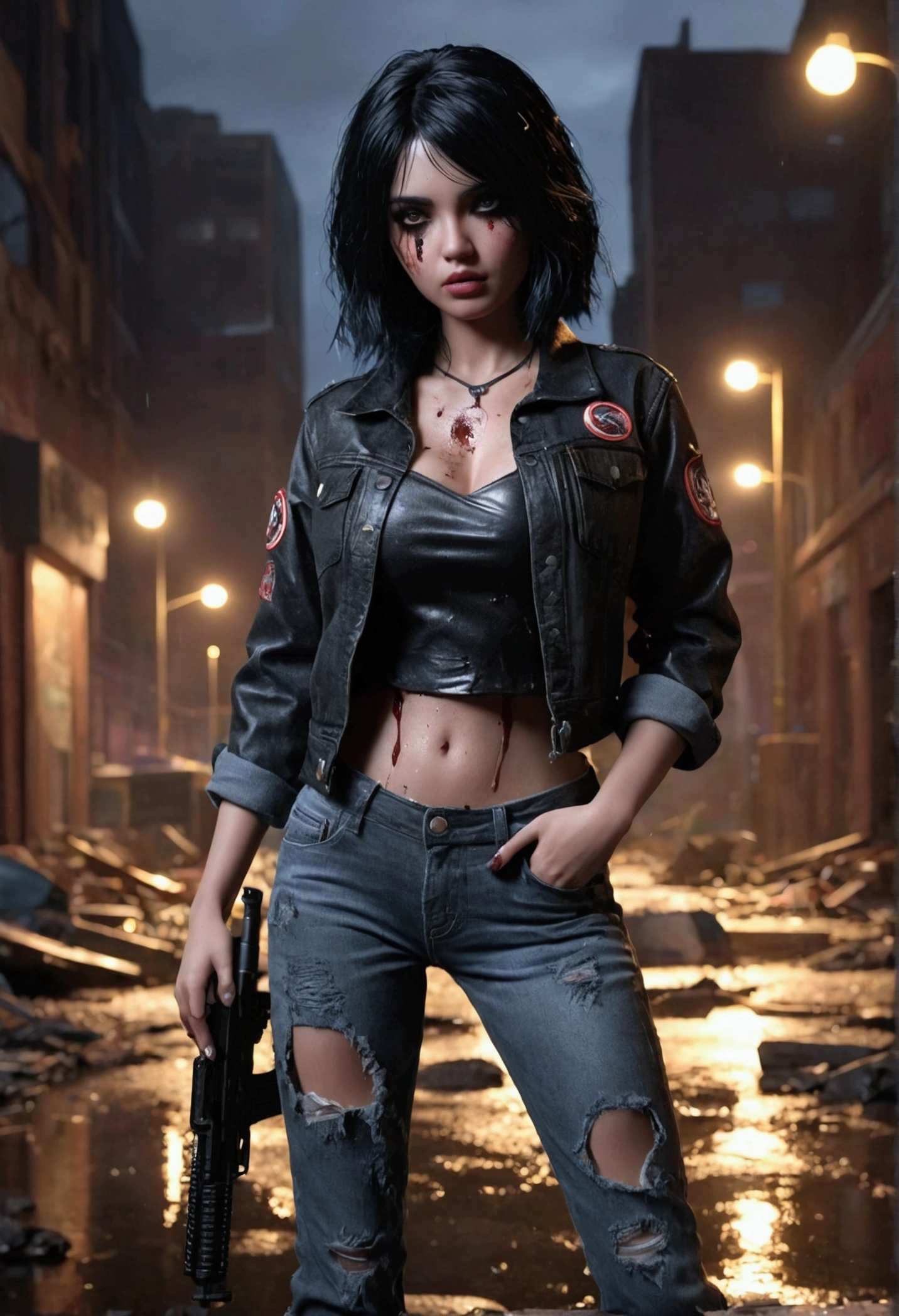 cute doll, noir, ripped jeans, Armed Mars, with black hair scattered and wet, ((corps entier)),((visage parfait)), Dark place in downtown Raccon City of Night destroyed with zombies in the background, Social realism, realism, Ray Tracing, reflection light, High quality, High Details, super detail, 8k, 16k, Best quality