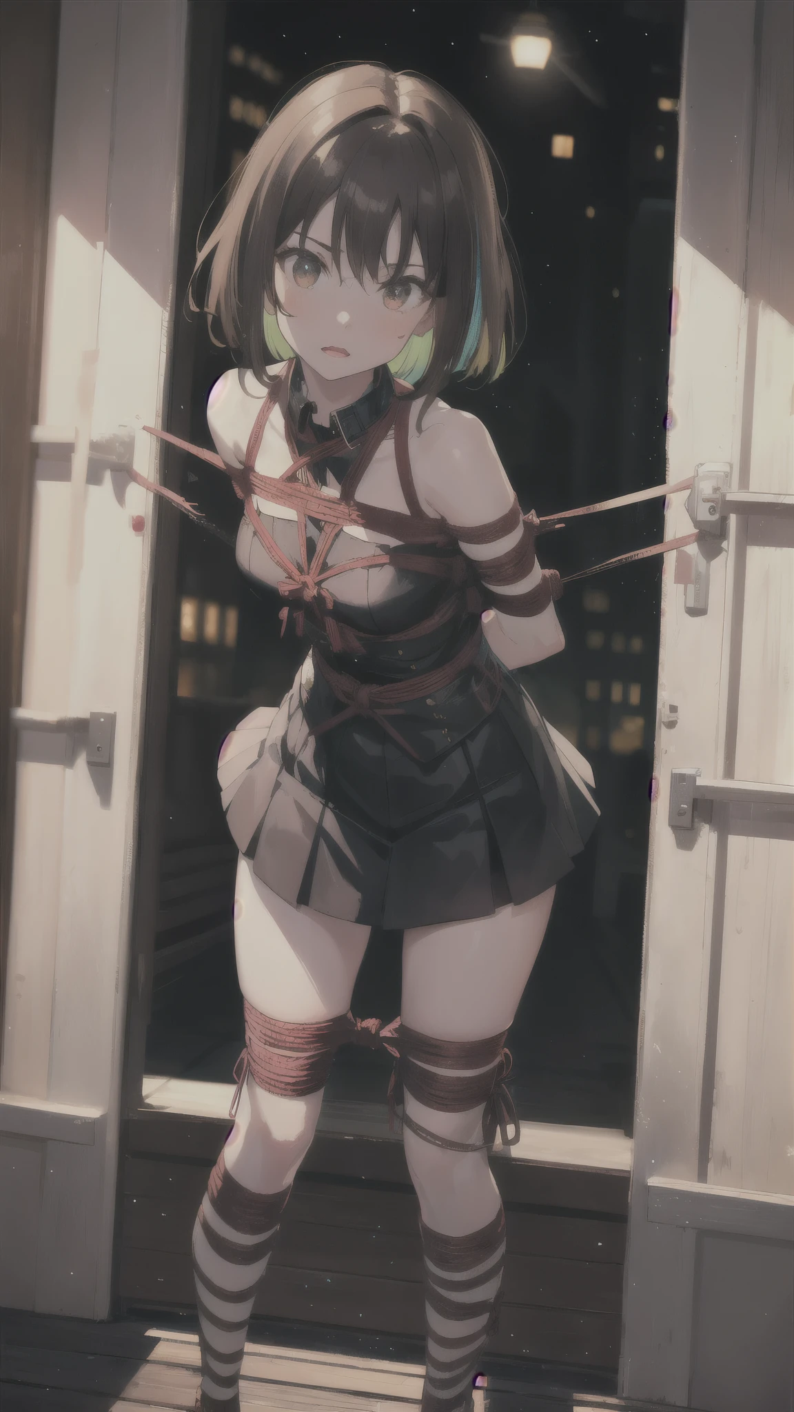 (Arms tied, Put your arms behind your back, rope, Tied legs:1.2), squat,  High resolution, Highest quality, figure, Super detailed, (Detailed face), (Detailed eyes), Soft lighting, Highest quality, Super detailed, masterpiece, View your viewers, anger, Open your mouth, One girl, alone, short hair, Brown Hair, , skirt, (colorful), Hut, window, night,