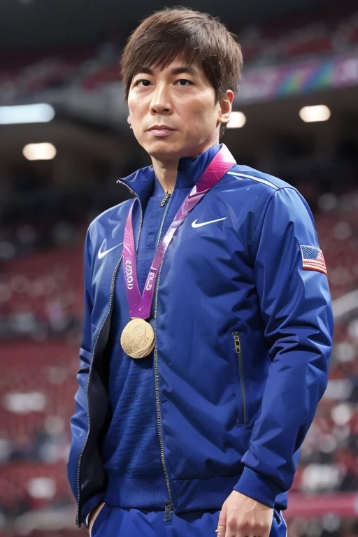 male, alone, (Gold Medalist), (Podium), (Medals), ((金Medals)), audience, 大きいMedals, Spotlight, Frowning, A moving moment, Flag on background, Olympic logo on background,首にMedalsをかける