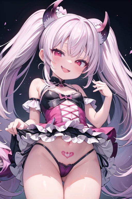 独奏,Whole body、Young face、long silver Hair、long Twin tails、Spoiled brat、Immature body、（Small breasts）、smile、（Thick thighs:1.5)、red  eyes、Backwards、looking at viewer、Open mouth、double teeth、fang、blushing and sticking out her cute tongue, tongue out、sensational、Back view, Character portrait, whole body、Frilly clothes、little demon's horns and a tail、big Buttocks、（wearing a Magical girl costume）、Night view、tongue out, long cute tong、sexy panties、Shy face、pink tattoo on her abdomen