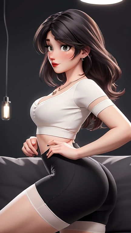 (best qualityer:1.4), body focus, (cute face), work of art, ultrarealistic, (((best qualityer))), ((comely Finger)), Gorgeous character design, ,lighting perfeita, colorfully, Ablaze_front_face_lighting, ultra high resolution, high resolution, absurderes:1.2, bokeh:1.2, Lens flare, (Vibrant_colour:1.2), (comely, medium breasts:1.2), (thick-thighs:1.1), thick,
Animated female character, lying on sofa, sideways front, de bruços, empinando a bunda, top view, Pale skin, ((wearing tight lycra shorts sexy lingerie seducive lace lingerie)), ((wearing ultra-tight black lycra shorts and white top)), ((sexy lingerie)), silver necklace with pendant, wrinkles, Red lips, long hair, ((view from the side))