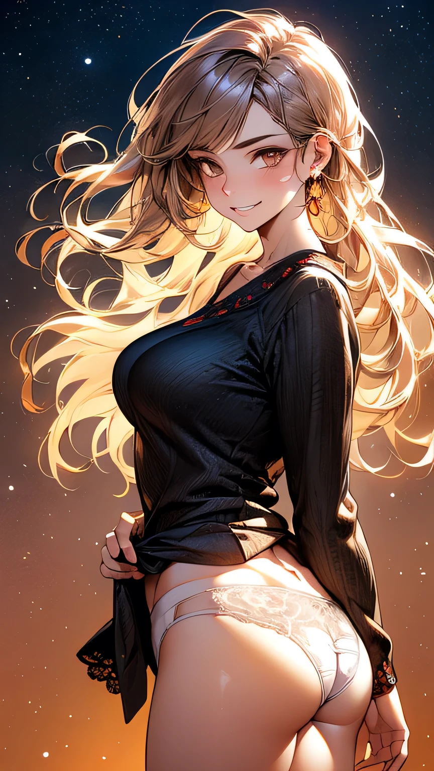 (masterpiece:1.2, Highest quality), (Realistic, photoRealistic:1.4), Beautiful illustrations, (Natural Side Lighting, Cinema Lighting), ((cowboy shot))((Very big butt))
 (((Panties are visible:1.0))) ((Very large saggy tits)), ((In underwear、White lace underwear:1.1))((Fullback panties:1.2))Underarm , Slightly , Very large breasts, Full body angle, 14 year old woman , Thick thighs
((Detailed cloth texture)), View your viewers, 1 girl, Japanese, Junior high school girl, , Perfect Face, cute and symmetrical face, Glowing Skin, thin, (golden earrings:0.8)
(Mid-length hair:1.2, Half Up:1.4, Light brown hair), Asymmetrical bangs, Brown eyes, Long eyelashes,
Beautiful Hair, Beautiful Face, Beautiful details, Beautiful clavicle, Beautiful body, Beautiful fingers,
(Beautiful views), evening, (cute, cute smile, Upward glance),