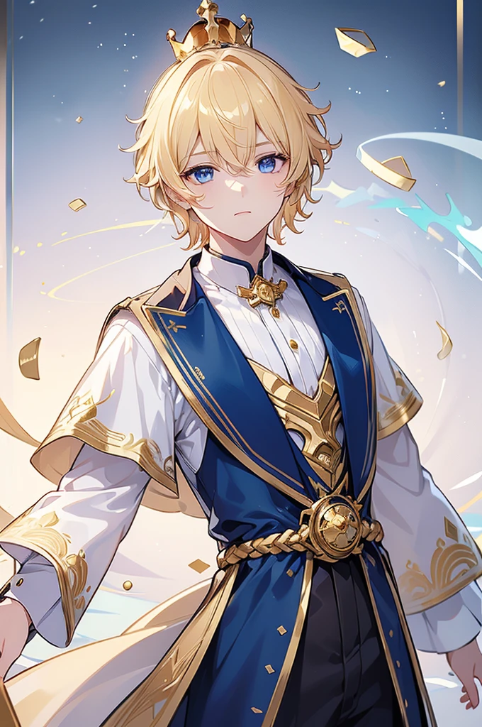 (Highest quality) (4K) (8k) (High resolution) (masterpiece:1.2) (Super detailed) One boy short hair Wizard Blue Eyes Long sleeve Golden decoration Hair between the eyes White costume Wavy golden hair Upper Body (large crown) Look to the right Young Serious