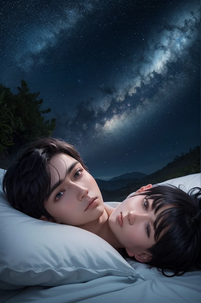 A vivid drawing of a dark-haired boy, lying serenely in your bed, surrounded by a halo of stars and ethereal clouds. In your face, an expression of fascination and curiosity as he appears to interact with mysterious figures and lush landscapes that delicately merge with his surroundings.