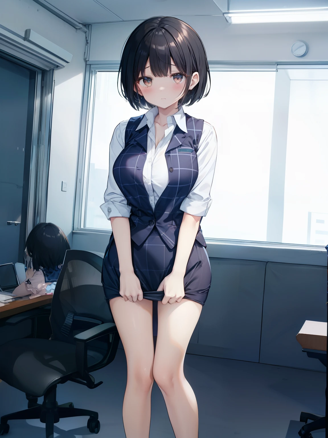 highest quality, Flying debris、Beautiful woman、officeレディー、Black Hair、(Brown eyes、Big Breasts)、short hair、チェック柄のダークブルーのofficeスーツ)、new employee,Full Body Shot、Female office lady、break(Dark blue checked vest、White dress shirt、Navy blue mini tight pencil skirt:1.2)、(Black knee-high、Absolute area、High heels)、break(office:1.3)、Cleavage、Unbutton your shirt、blush、Embarrassed、Troubled face、The skirt is torn、Standing posture