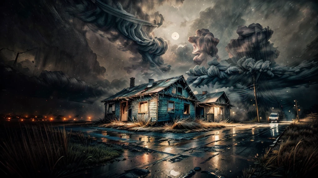 a dilapidated abandoned house at night, rain pouring down, wet roads, dark cloudy sky, smoke and dirt, atmospheric lighting, cinematic mood, dramatic shadows, gritty realism, award winning composition, hyper detailed, intricate details, photographic quality, professional photography, masterpiece