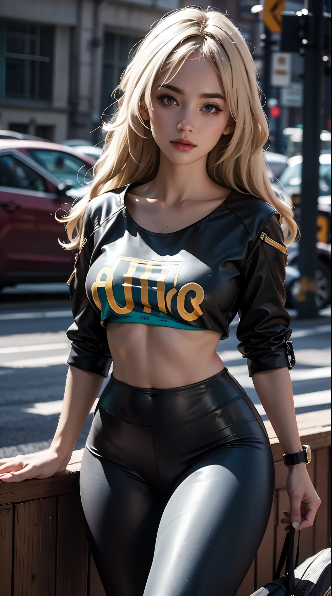 UnderBoob T Shirt, tight leggings, highly detailed, deep focused image, realistic full-lenght photo