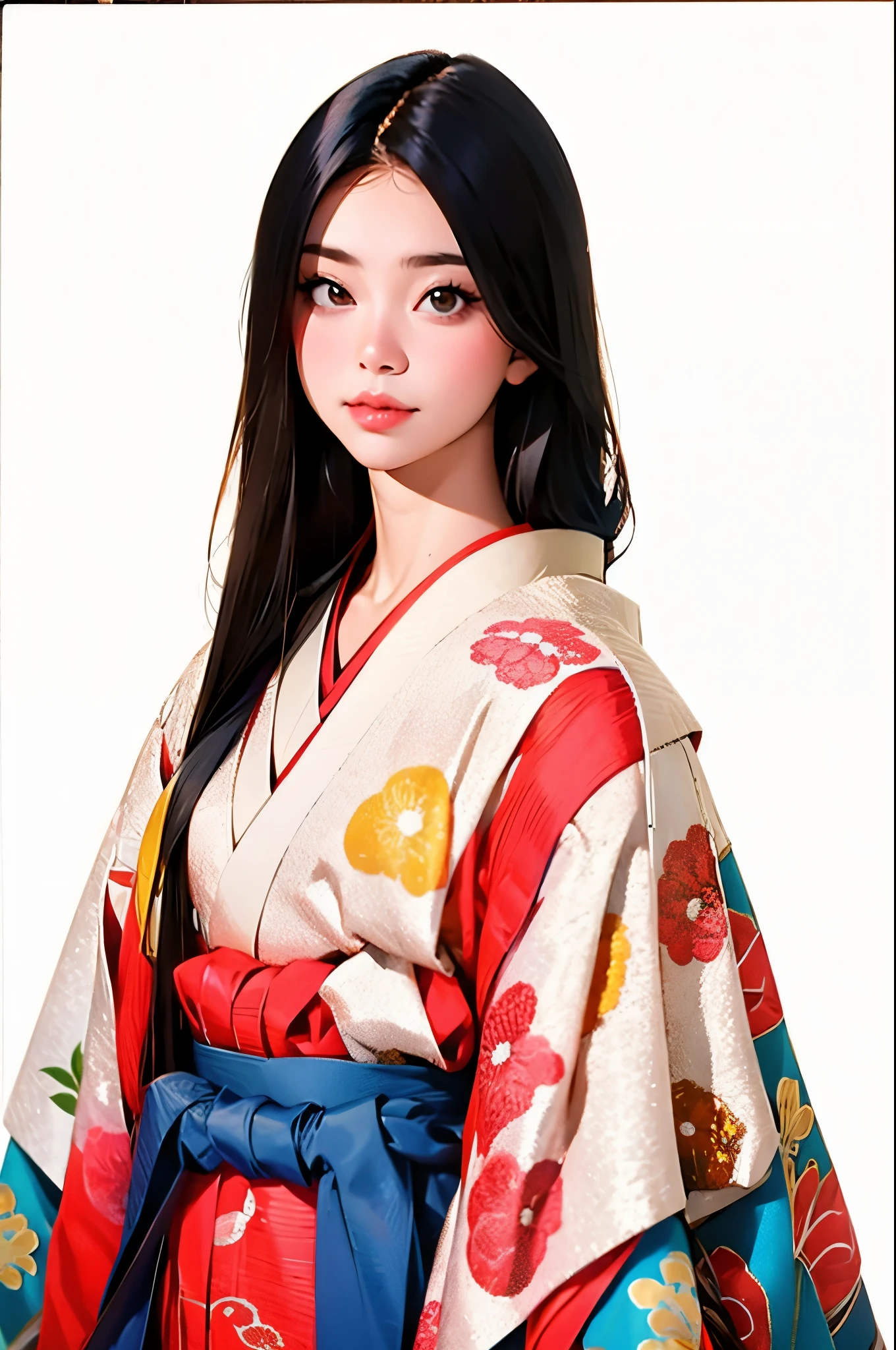 (masterpiece, highest quality:1.2), One girl, (beautiful japanese girl:1.2), juni-hitoe, solo, (upper body), Straight long black hair、hiogi、court crest print, itutuginu, kasanenoirome, munamoto itutugine, sodeguchi itutuginu, suso itutuginnu, detail, Blank background, white background,