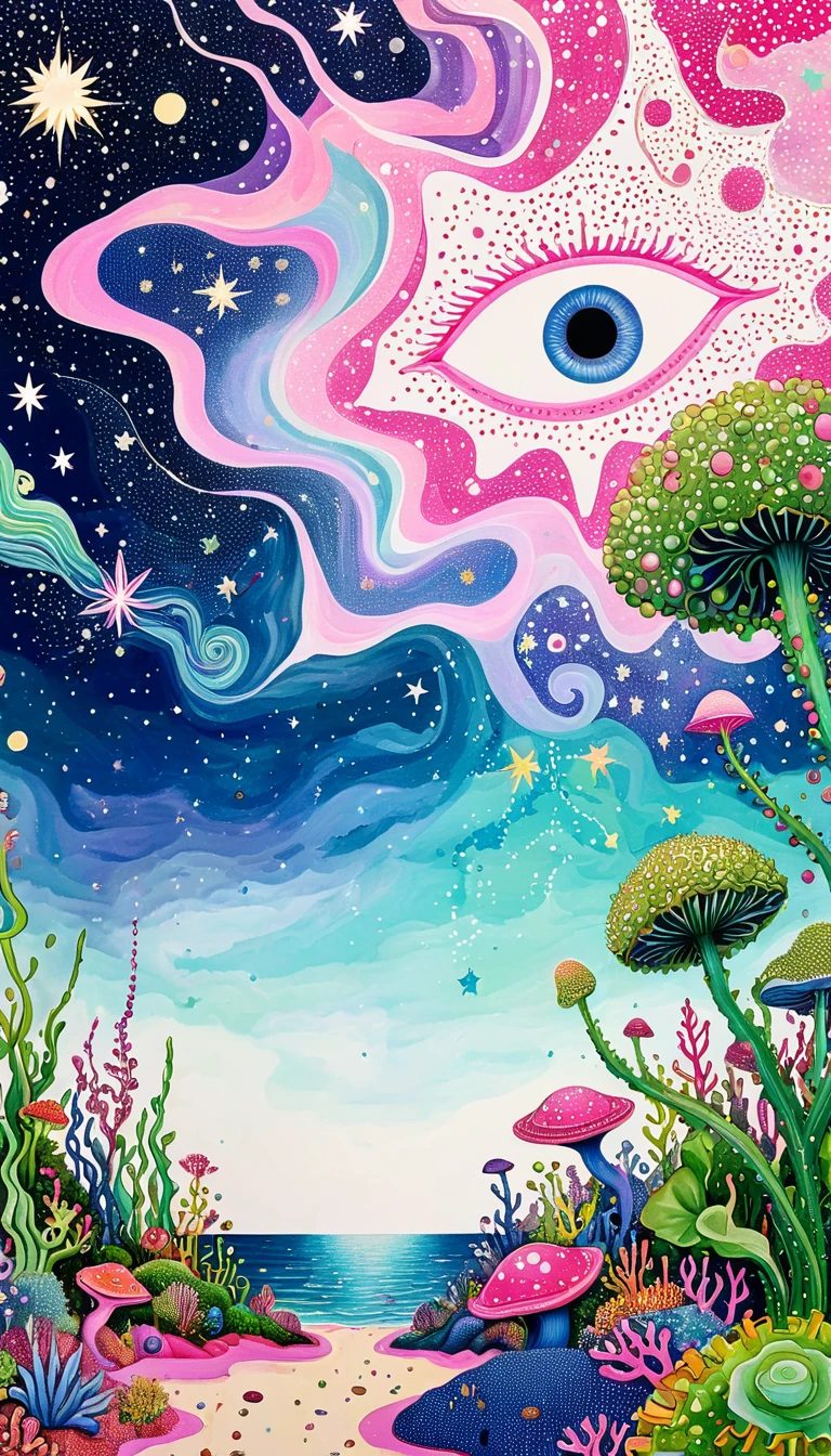 Psychedelic Art。plant、Marine life、Eye、Starry Sky，An abstract painting at the joint，Describing the inner world of autistic people，Sense of space，blank，White Space，Pointillism method，Childish lines，Pink theme