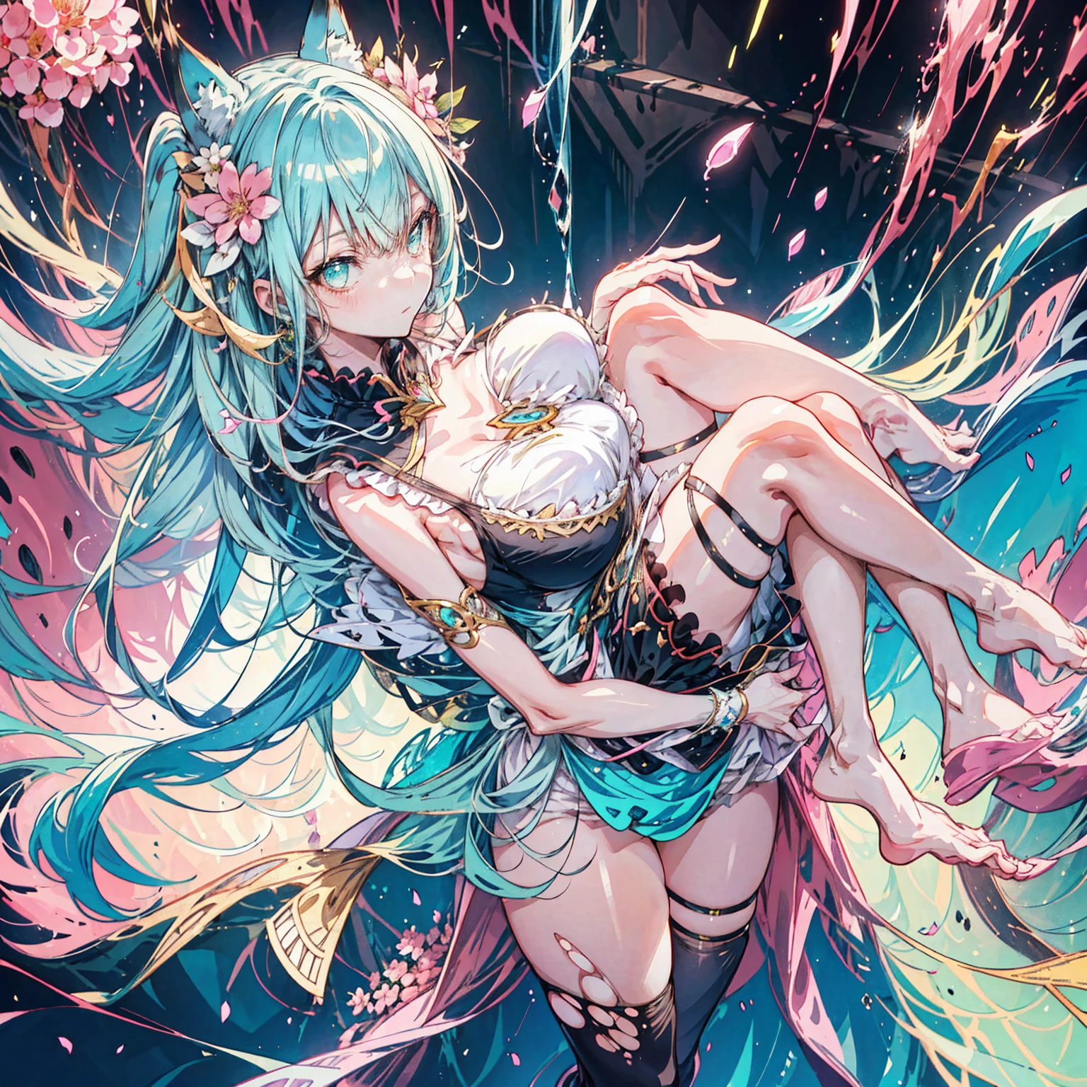 Anime Kawaii sexy Perfect Slim sensual body large breast and huge thighs, An intricate and highly detailed illustration of anime (Young girl). Complicated Details， 1 ，  Ridiculously Long Pink Hair， Calico cat ears， Anime Kawaii sexy Perfect Slim sensual body large breast and huge thighs, An intricate and highly detailed illustration of anime (Young girl). Detailed blue-green eyes， Detailed cut， （Spread your legs），（breast-feeding），Amount of breast milk，breast-feeding，vaginale，creme，torn outfit，work of art，8k