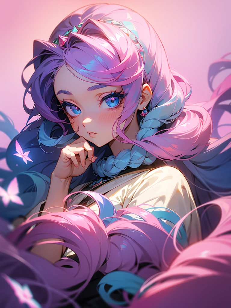 Anime girl, light blue eyes, detailed eyes, long eyelashes, pink eye shadow, dark blue hair, curly hair, long flowy hair, pink flowers in hair, diamond accessories in hair, hand in hair, side-facing camera, pink fancy dress, staring dismissively at camera, gradient background