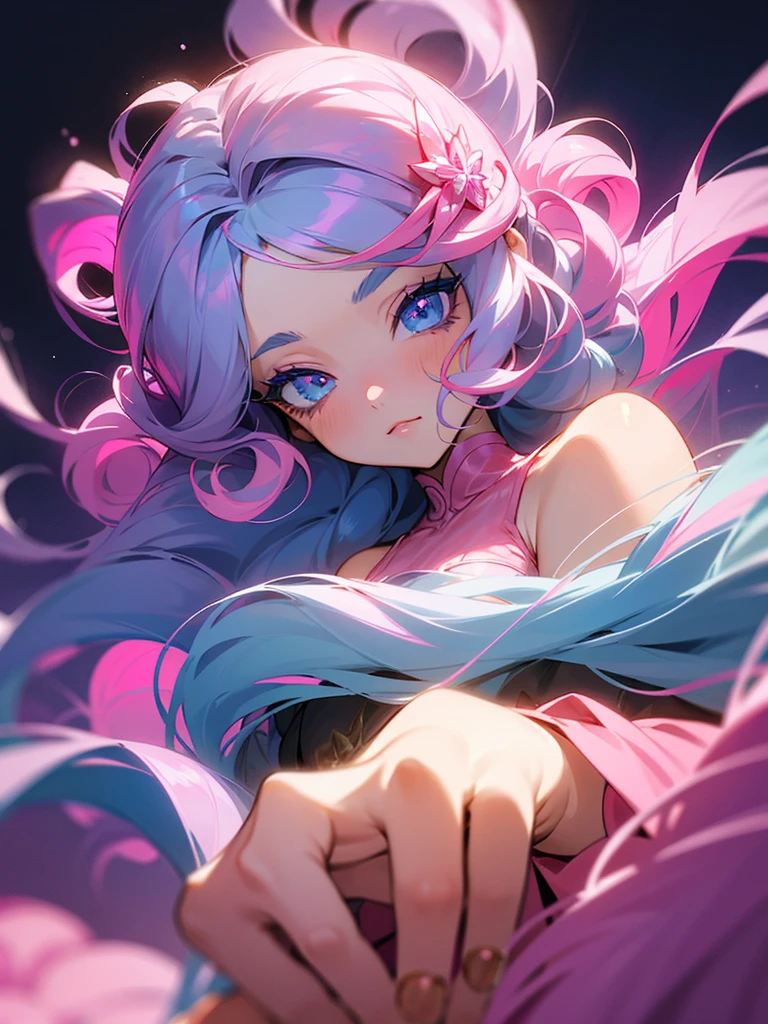 Anime girl, light blue eyes, detailed eyes, long eyelashes, pink eye shadow, dark blue hair, curly hair, long flowy hair, pink flowers in hair, diamond accessories in hair, hand in hair, side-facing camera, pink fancy dress, staring dismissively at camera, gradient background