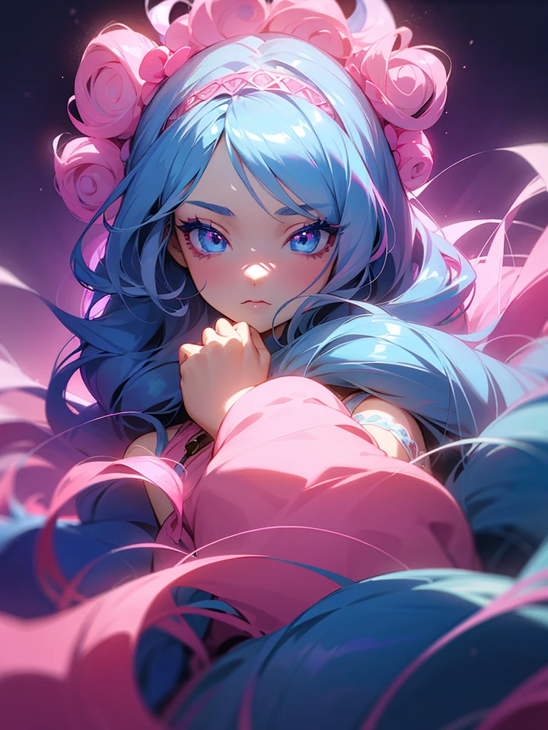 Anime girl, light blue eyes, detailed eyes, long eyelashes, pink eye shadow, dark blue hair, curly hair, long flowy hair, pink flowers in hair, diamond accessories in hair, hand in hair, side-facing camera, pink fancy dress, staring dismissively at camera, gradient background