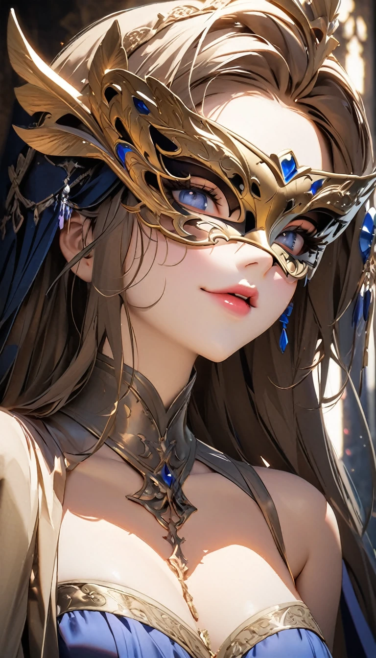 beautiful woman, masquerade mask, shining eyes, make-up, amorous and lewd expression, seductive medieval long dress, great proportion, 2.5D, delicate and dynamic, portrait art, everything is of the highest quality