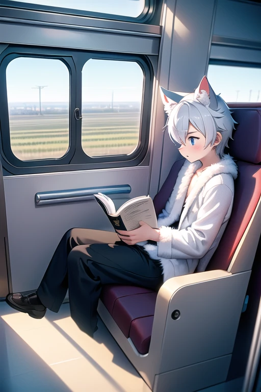 (morning),In the high-speed rail carriage,Sit in your seat,Description of side and back,1 boy ragdoll cat,Reading,Loose clothing,robe,Aesthetic,Black and white fur