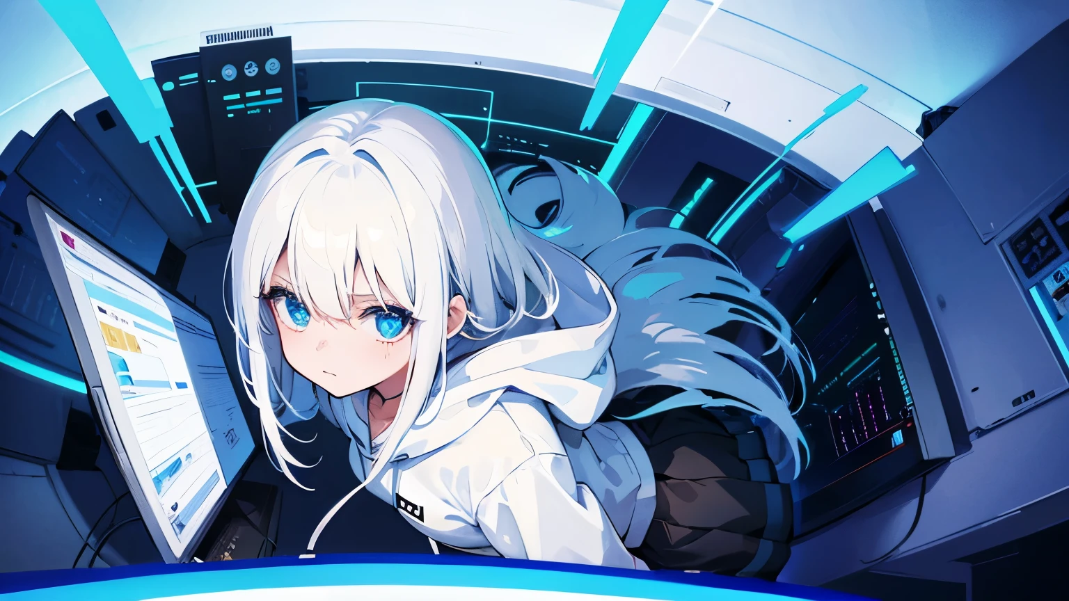 anime girl with white hair and blue eyes wearing white hoodie and black skirt in. looking down depressed in front of a computer that stream youtube. made this picture for the cover of a song single