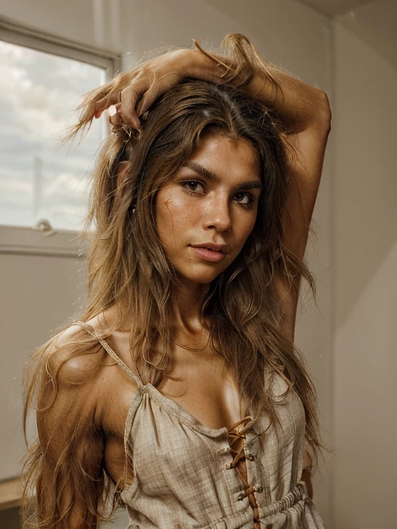 Young pretty cute age girl 12 yh rudimentary hair growth on all skin((hypertrichosis)); Homo erectus; (((русская юная ДЕВОЧКА 12 лет с hypertrichosisом))), (whole body покрыто короткой коричневой шерстью:1.3), facial hair, Body hair, thick eyebrows, deep-set realistic expressive brown eyes, wide flat nose, extremely shaggy thick straight long brown hair on the head, slight hair growth throughout the body like a monkey, proportionate, developed physique, beautiful face covered with short hair, flat chest, Teenage Physiquehole body, neutral background, ((dressed in a linen sundress)), bare feet, Standing pose, (((Neanderthal girl))), beautiful young furry face, Fairly proportionate build for a 12 year old boy, rudimentary hair growth of the skin((hypertrichosis))