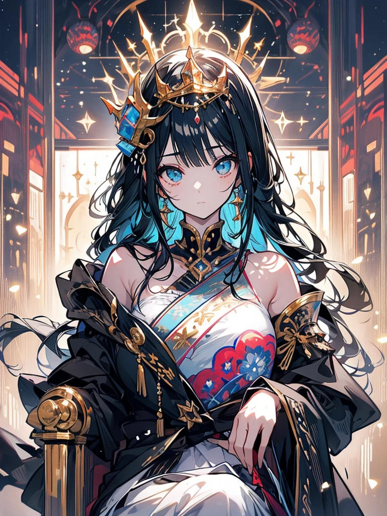 Throne, princess, black hair, long, tiara, sitting, guard behind