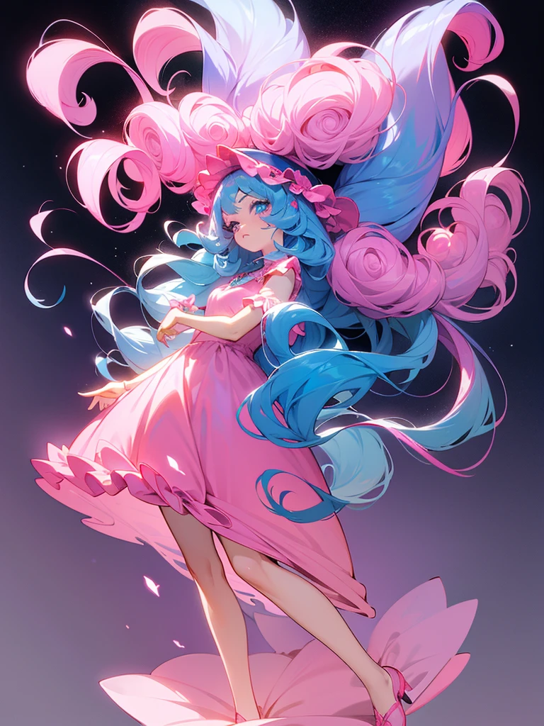 Anime girl, light blue eyes, detailed eyes, long eyelashes, pink eye shadow, dark blue hair, curly hair, long flowy hair, pink flowers in hair, diamond accessories in hair, full body shot, pink fancy dress, staring dismissively at camera, gradient background