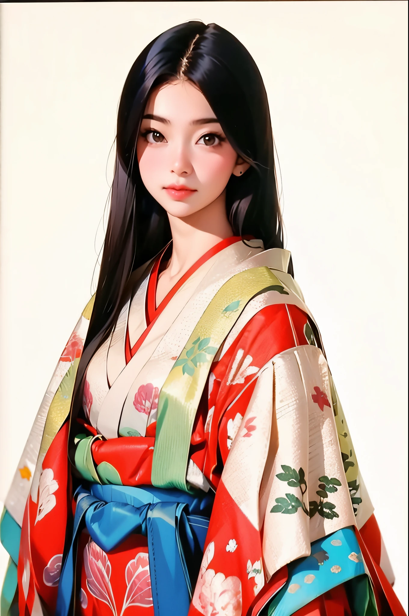(masterpiece, highest quality:1.2), One girl, (beautiful japanese girl:1.2), juni-hitoe, solo, (upper body), Straight long black hair、hiogi、court crest print, itutuginu, kasanenoirome, munamoto itutugine, sodeguchi itutuginu, suso itutuginnu, detail, Blank background, white background,