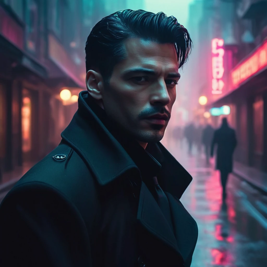 An agent walks down the street，Look ahead. Wearing an elegant black coat. His lips were tightly closed，Eyes are nervous. The situation is dangerous and serious. colored. hazy atmosphere. An atmosphere full of mystery and intrigue. cyberpunk,