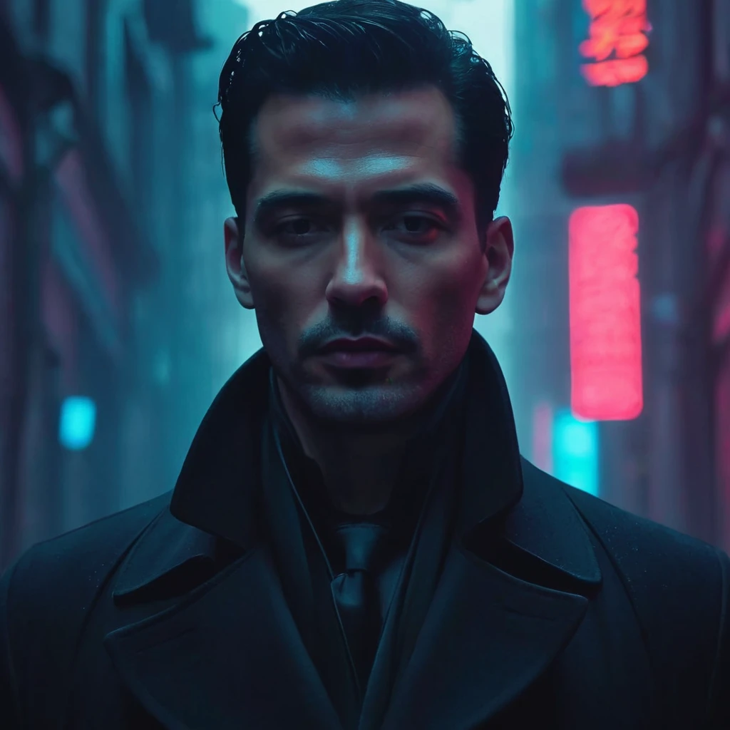 An agent walks down the street,Look ahead. Wearing an elegant black coat. His lips were tightly closed,Eyes are nervous. The situation is dangerous and serious. colored. hazy atmosphere. An atmosphere full of mystery and intrigue. cyberpunk,