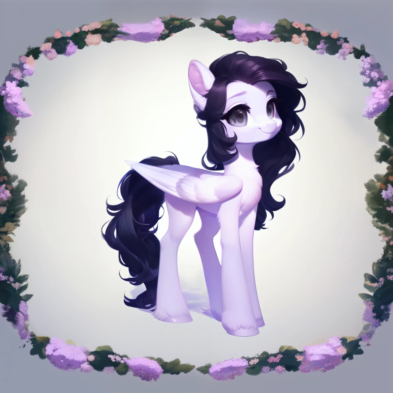 rating_safe, score_9, fluffy, feral pegasus pony, female,round cute face, Lavender purple body, black-purple mane, disheveled hair, soft and delicate long hair, clear grey eyes, grey eyes, smiling. dynamic。young and beautiful。。Standing picture,Ray Tracing。whole body。Standing。White background