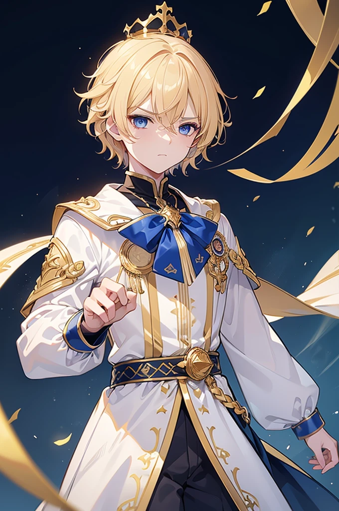 (Highest quality) (4K) (8k) (High resolution) (masterpiece:1.2) (Super detailed) One boy short hair Wizard Blue Eyes Long sleeve Golden decoration Hair between the eyes White costume Wavy golden hair Upper Body (large crown) Young Serious A of about fifteen years old Get angry Upper Body Look to the side