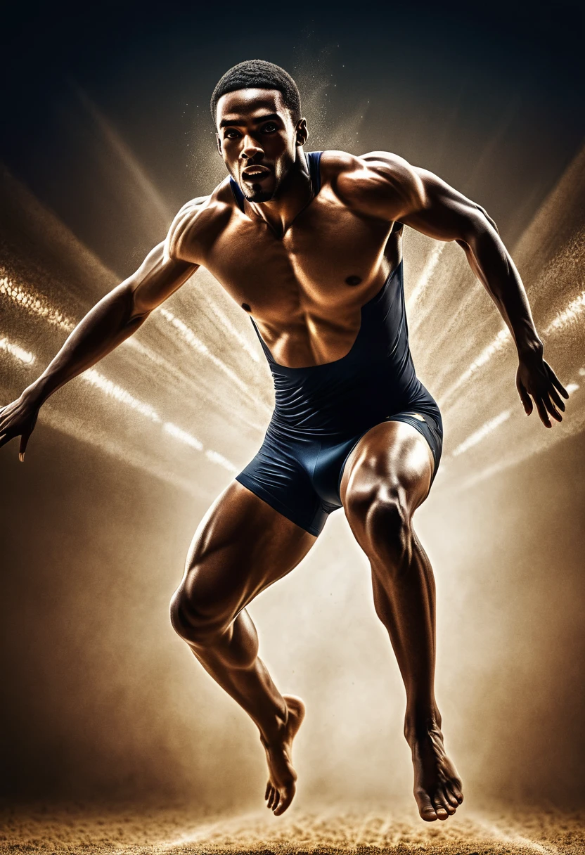 photoillustration of under exposure, an ancient Olympic athletes long jump((jumping 1.8)), seamless, light up eyes, texture and pattern, transparency effect, iconic jumping stance, dramatic shadows, dramatic lights, interlacing elements, front view, fantasy art, two tones, digital manipulated photo art, hyper-realistic, ultra-detailed, crisp clarity, high-contrast, luminous ambiance, rich textures, intricate patterns, vivid colors, cinematic lighting, photo realistic, accurate anatomical proportions, light background
