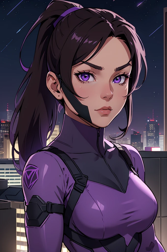 Girl, dark hair, ponytail, superhero, heroine, purple costume, balaclava, hero mask, white eyes, on a rooftop, night sky, skyline, high quality, best quality, masterpiece, 4K, 8K