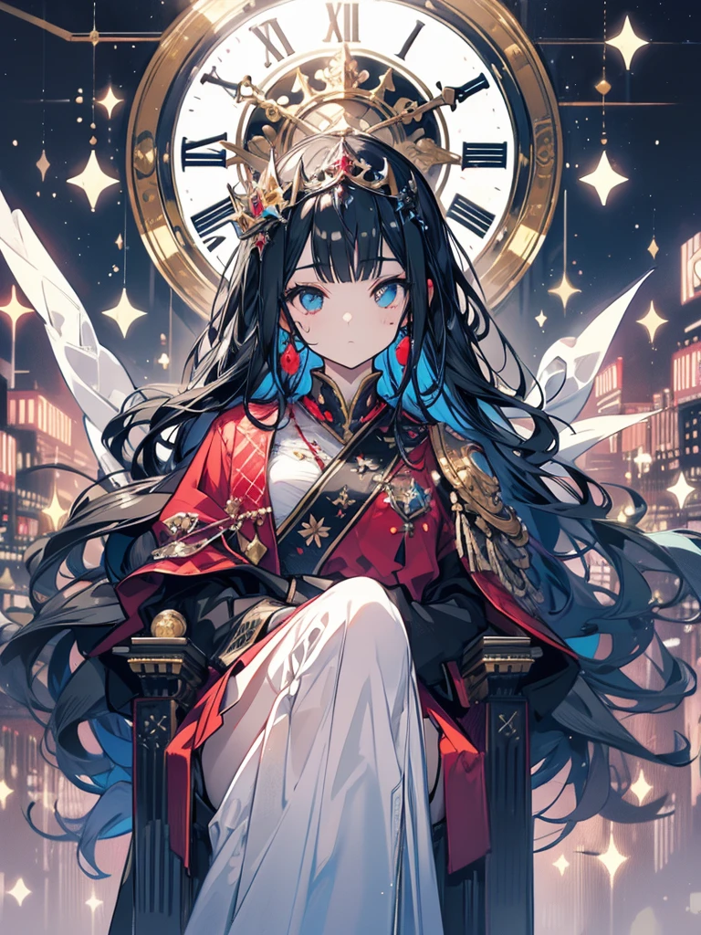 Throne, princess, black hair, long, tiara, sitting, guard behind, big clock