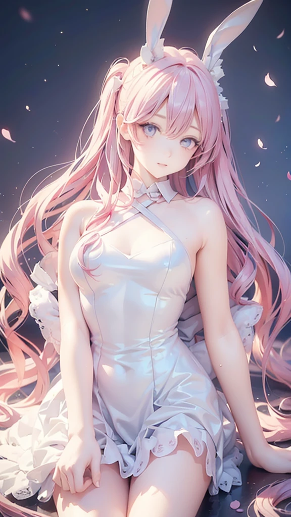 ((masterpiece)), (Highest quality))),Anime Style, Woman with bunny ears and a tail, With rabbit tail, With rabbit ears, (Very delicate and beautiful face), (Beautiful eyes in every detail), Girl Design, Anime Images, Long Hair, Pink Hair, Hair covering the ears, Happy, Sophisticated and powerful appearance, exotic, expensive