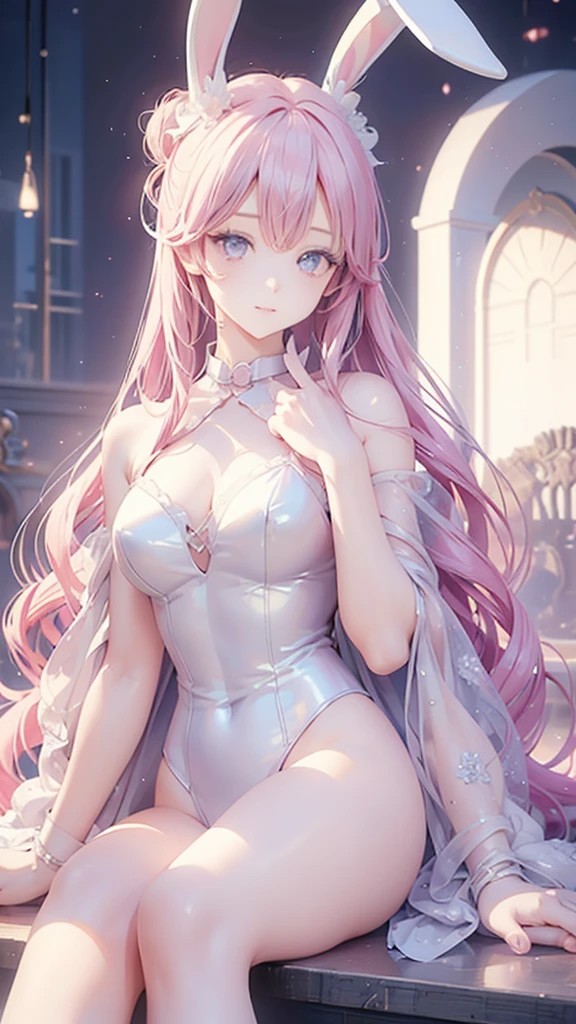 ((masterpiece)), (Highest quality))),Anime Style, Woman with bunny ears and a tail, With rabbit tail, With rabbit ears, (Very delicate and beautiful face), (Beautiful eyes in every detail), Girl Design, Anime Images, Long Hair, Pink Hair, Hair covering the ears, Happy, Sophisticated and powerful appearance, exotic, expensive