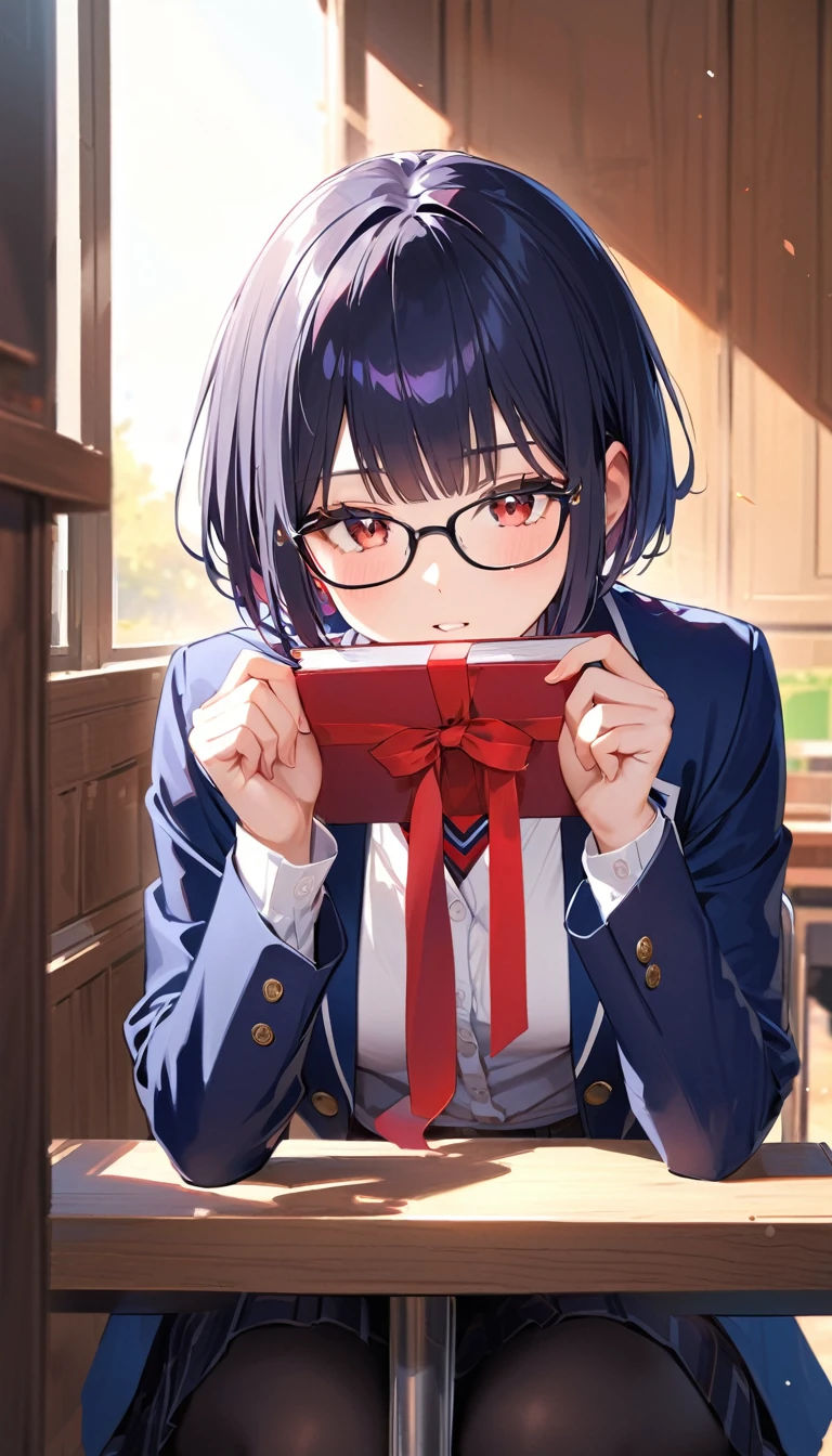 A high school girl with black short bob hair, Glasses,Red ribbon,wearing a navy blazer ,I'm nervous