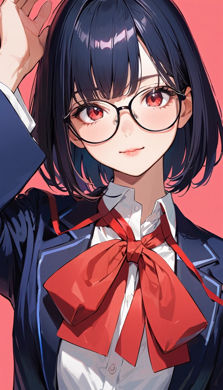A high school girl with black short bob hair, Glasses,Red ribbon,wearing a navy blazer ,I'm nervous